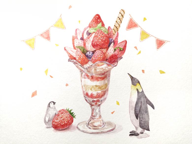 イチゴパフェとペンギン|kanou的企鹅插画图片