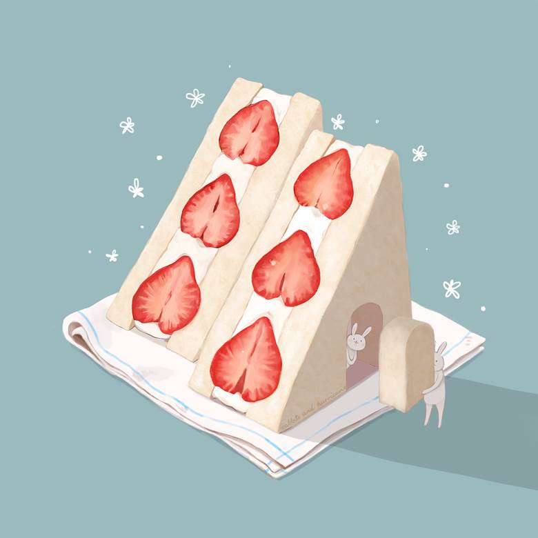 苺 サンドイッチ|兔风暴的蛋糕与人物的插画图片