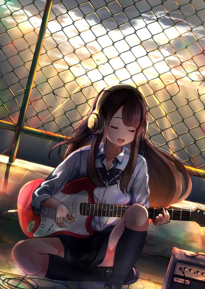 uniform, 女高中生, rooftop, 吉他, headphones, 头戴式耳机, 原创, school uniform blouse, 乐福鞋, 深蓝长袜