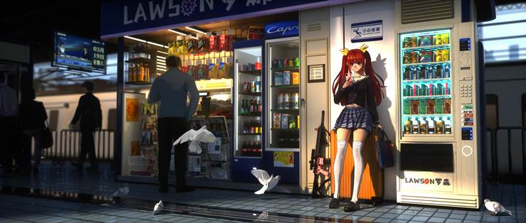 girl, illustration, practice, vending machine