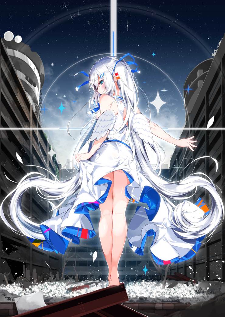 original, angel, girl, white hair, ass, looking-back, loli, white dress, barefoot, original 10000+ bookmarks