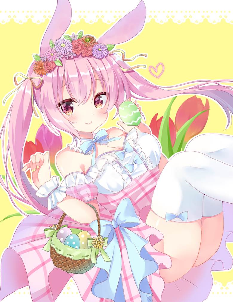 原创, 女孩子, 双马尾, bunny ears, Easter, 粉色头发, 美甲, 白色过膝袜, flower crown, 原创1000users加入书籤
