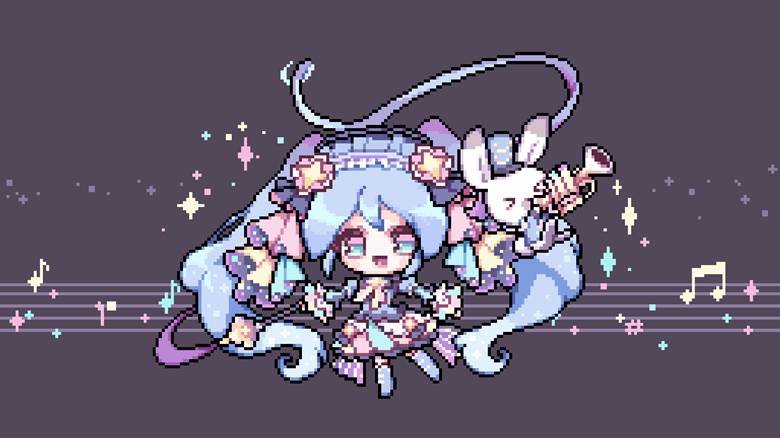 snow miku, pixel art, hatsune miku