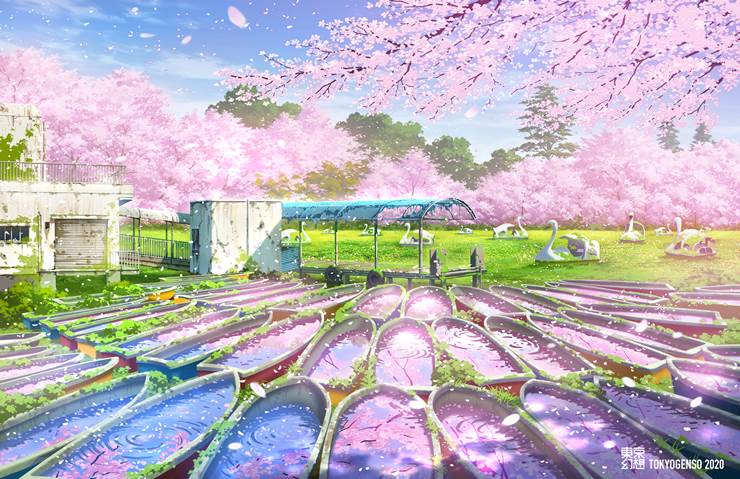 井の头公园幻想|东京幻想　画集的樱花插画图片