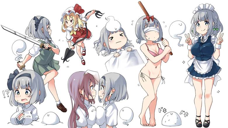 Touhou, Youmu Konpaku, reisen udongein inaba, Youmu's big breasts, Flandre Scarlet, breasts pressed together, Touhou Project 500+ bookmarks