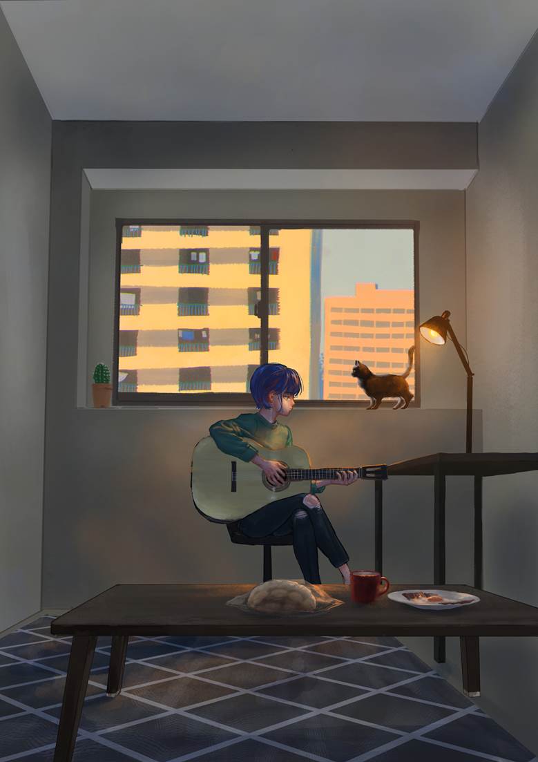 朝の音|江伍ken的弹吉他人物插画图片