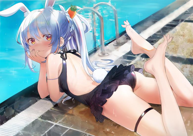 虚拟youtuber, Usada Pekora, Hololive, 泳装, one-piece swimsuit, 脚指, 赤脚, Virtual YouTuber 10000+ bookmarks