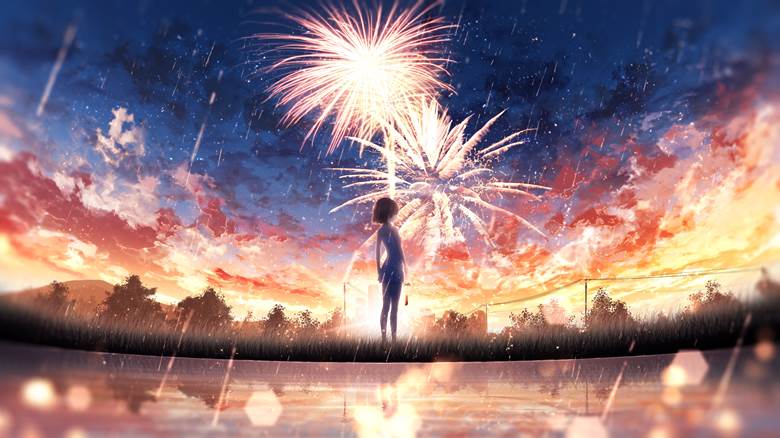mouse drawing, young girl, 风铃, 焰火, 夕阳, 风景, background