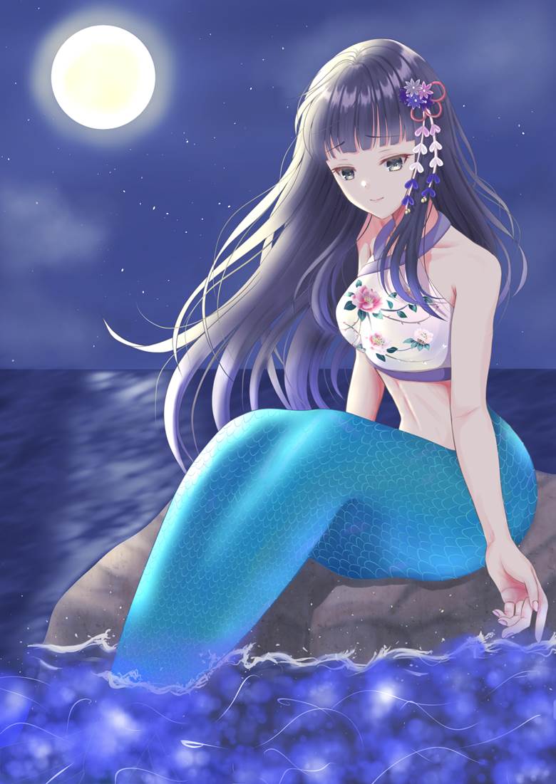The Little Mermaid, 和风, moonlight, sea, 黑长直, 美甲, cute mermaid, large breasts, 白皮肤, Risa Taneda