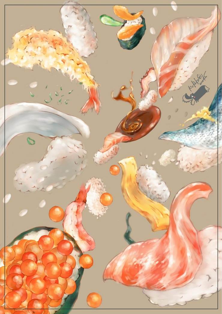 创作回转寿司开店|KUROKOGIworks的寿司美食插画图片