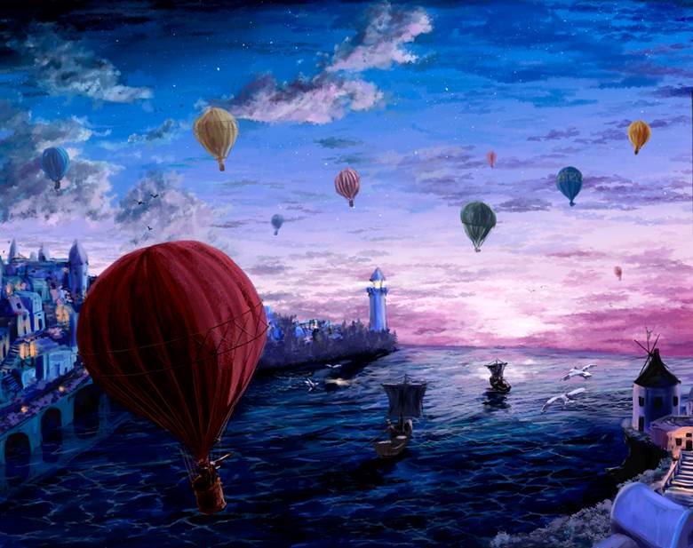 灯台のまち気球の日|Korpendo的Pixiv风景壁纸插画图片