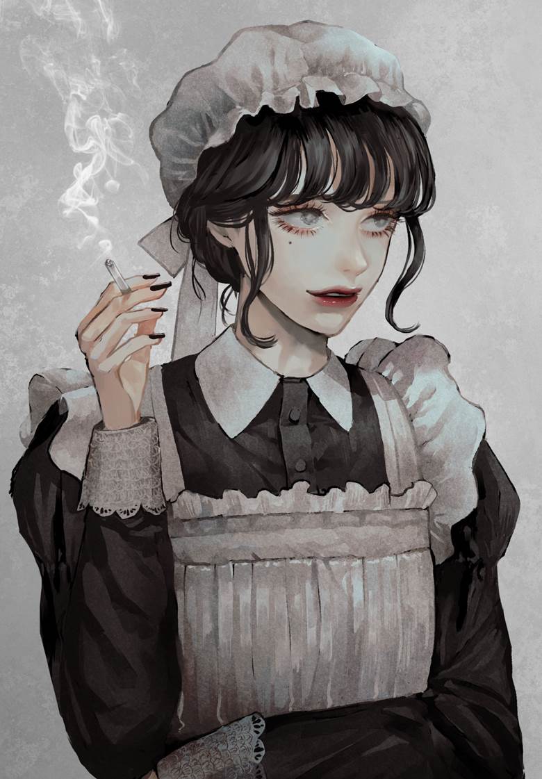 original, girl, maid, cigarette, smoking, mole under the eye, apron dress, original 1000+ bookmarks