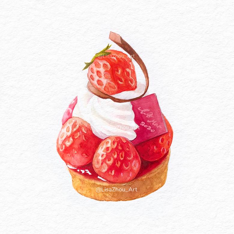 hand drawn, watercolor, food porn, food, traditional, dessert, ichigo, Tart