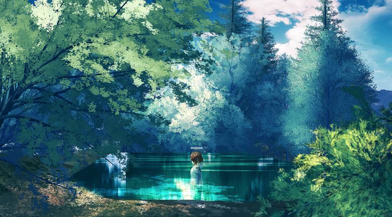 风景, forest, illustration, 原创, 女孩子, 景观, 插画, background, 泳池, Original 500+ bookmarks