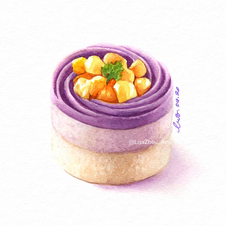 マンゴ紫芋ーケーキ|LisaZhou_Art的pixiv水彩画插画图片