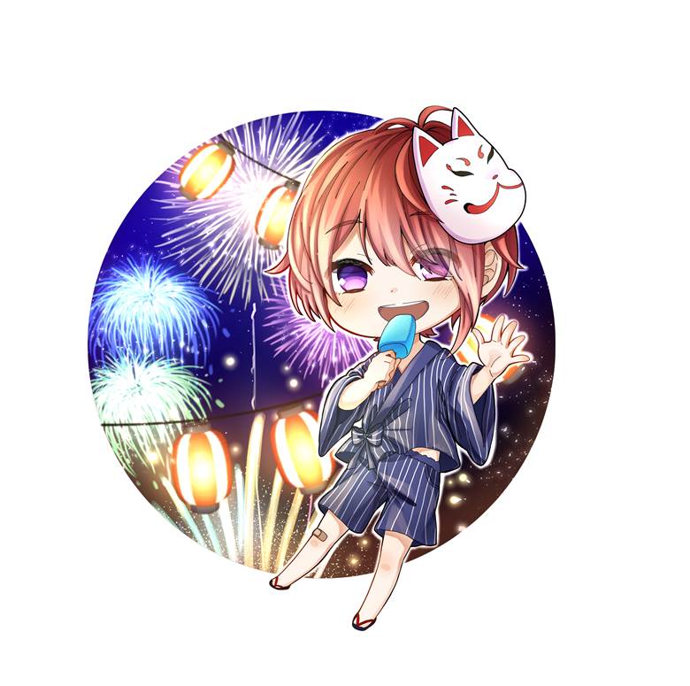 work illustration, chibi, handsome, yukata, summer, fireworks, kawaii, boy