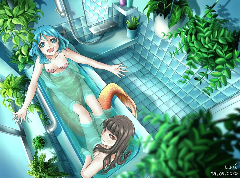plant, bath, 人鱼, 女孩子, 原创, seashell bra, cute mermaid, bathtub