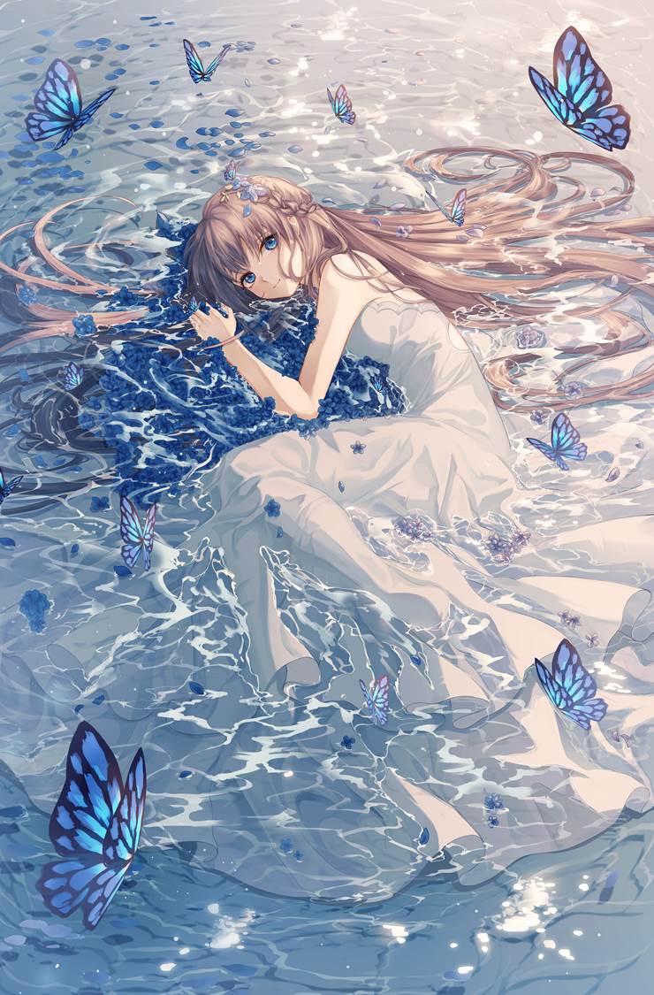 girl, butterfly, creation, flower, flowers and girls, water surface, white dress, beautiful, summer dress, original 10000+ bookmarks