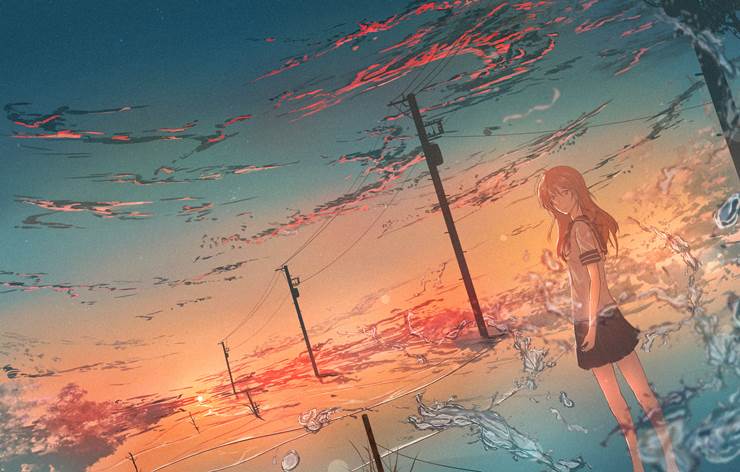 水辺の少女|ツチヤ的日落插画图片