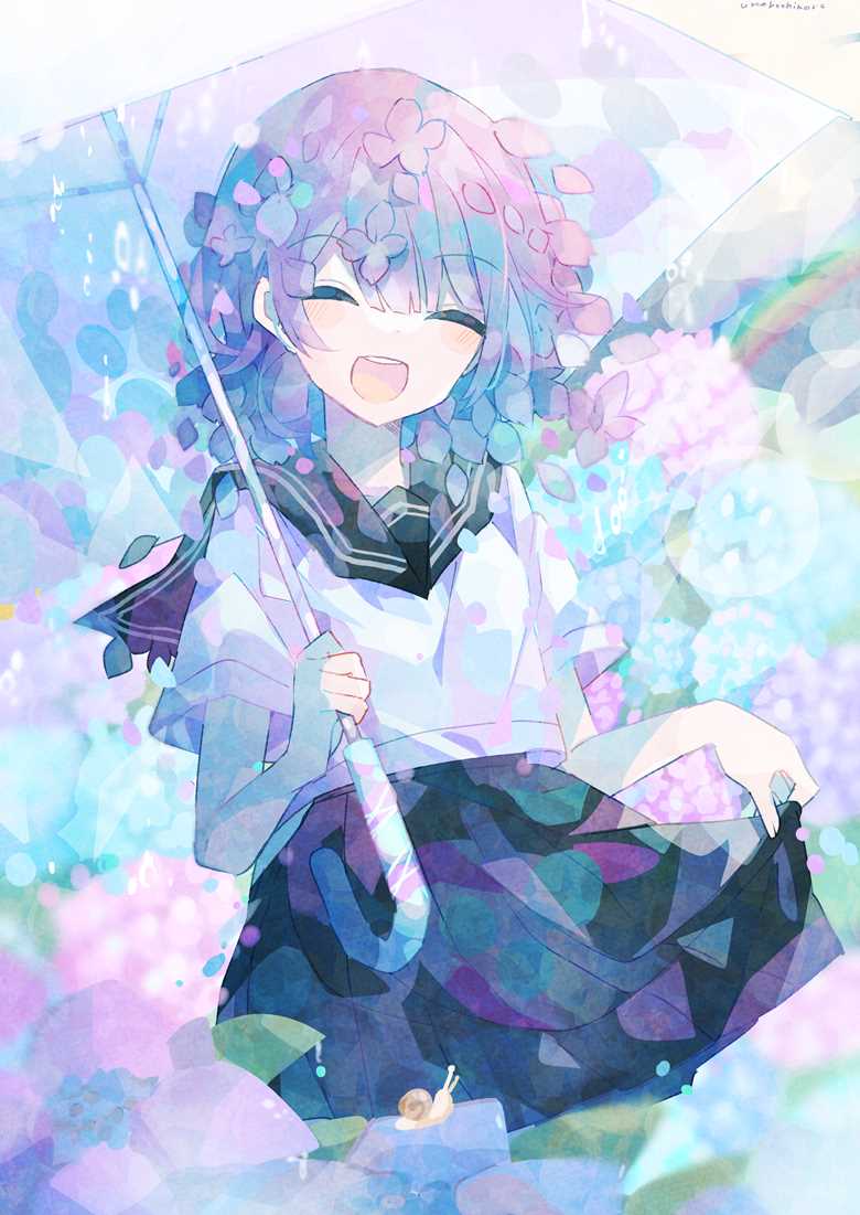 伞,彩虹,水手服,紫阳花,花和女孩图片