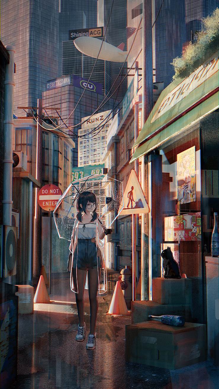 original works, glasses, scenery, girl, young girl, stocking, city, cat and girl, alley