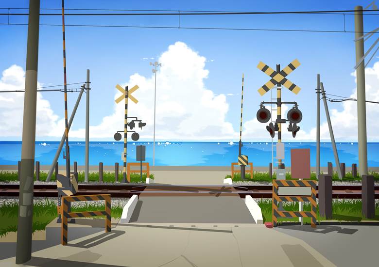 踏切×海×入道云（着色）|BUSSAN（ぶっさん）的铁路道口插画图片