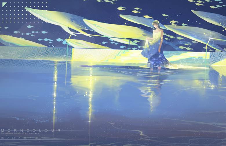 illustration, original works, 风景, aesthetic, blue, feet in water, whale in the sky