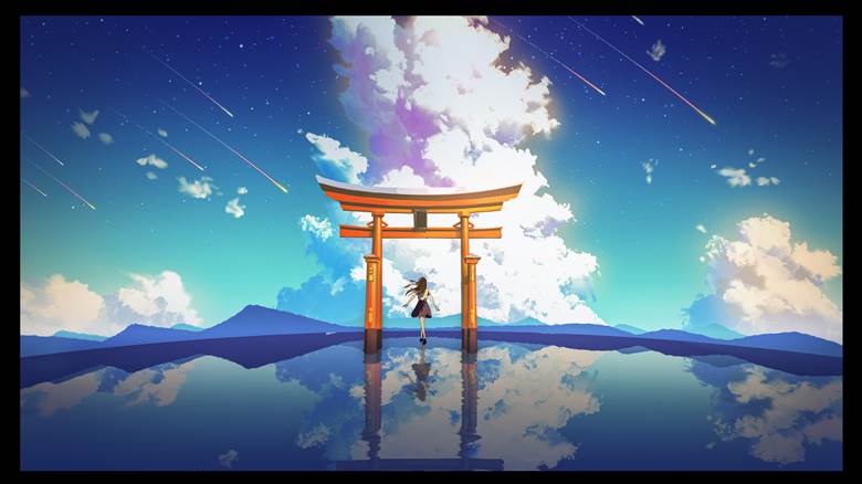 background, 风景, 插画, nostalgic, Torii, 夏日天空, reflection pool