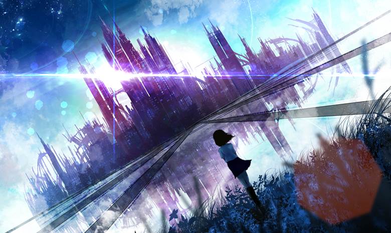 原创, 原创, 风景, background, fantasy, starry sky, 女孩子, city, 云, sea of clouds