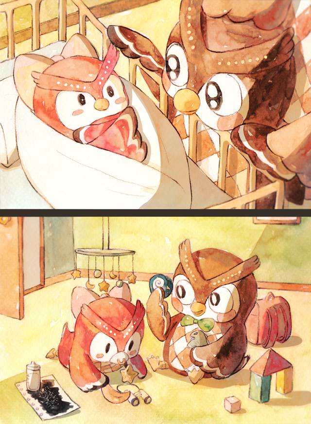 动物之森系列, watercolor painting, brother and sister, 双胞胎, 动森, 卧槽美哭, How wonderful! It's heartwarming!