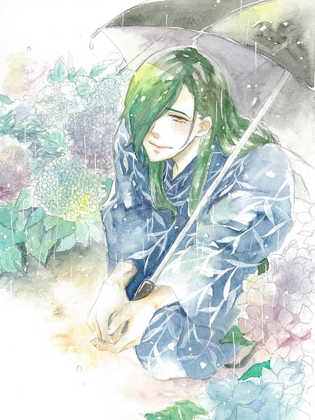 刀剑乱舞, Touken Ranbu, 手绘, transparent watercolor, 笑面青江, 紫阳花, Touken Ranbu 100+ bookmarks, 刀剑乱舞500收藏