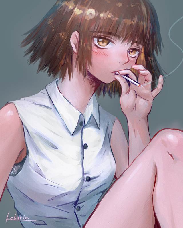 昨日之歌, Haru Nonaka, smoking, grisaille underpainting, 厚涂, tobacco, beautiful girl, 无袖, girl