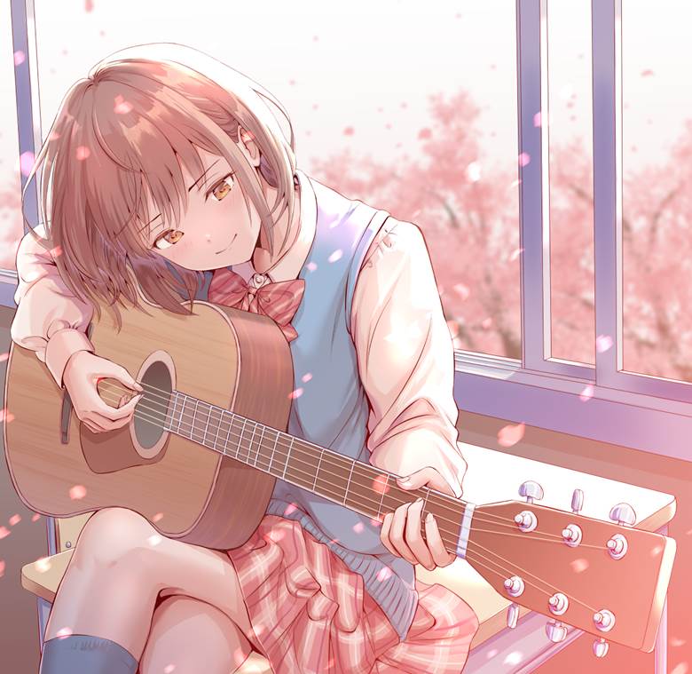 ギターを弾く少女|HIROKAZU的pixiv女高中生插画图片
