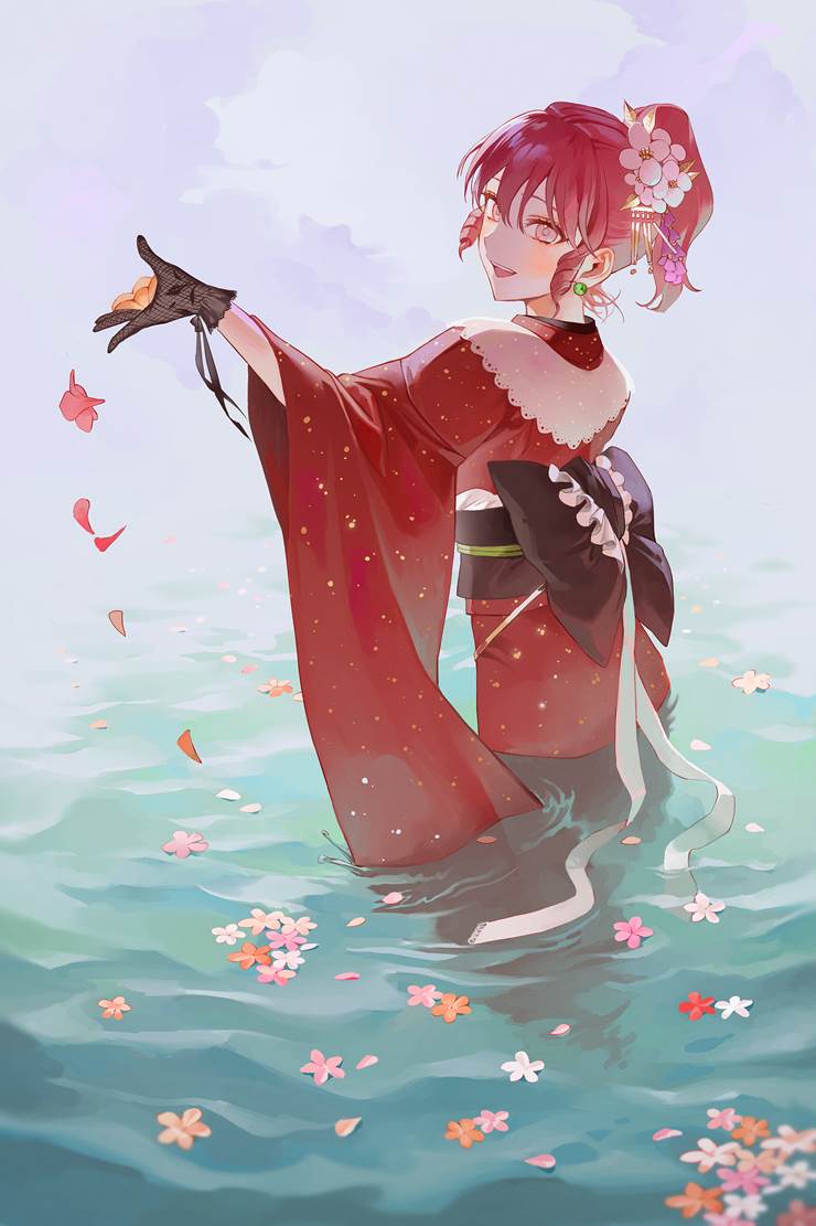 女孩子, 原创, yukata, 蕾丝手套, water surface