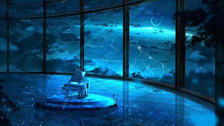 background, scenery, original, starry sky, illustration, piano, against glass, space