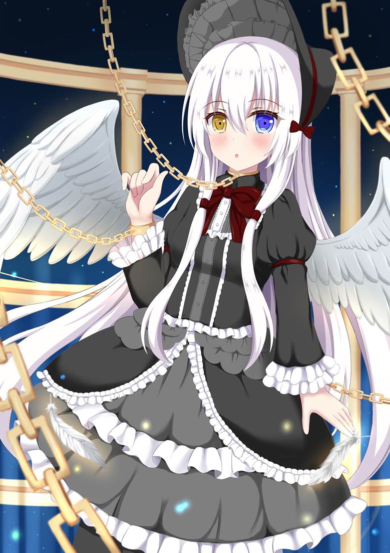 original, white hair, loli, heterochromia, gothic lolita, angel, lolita, chain, girl, black tights