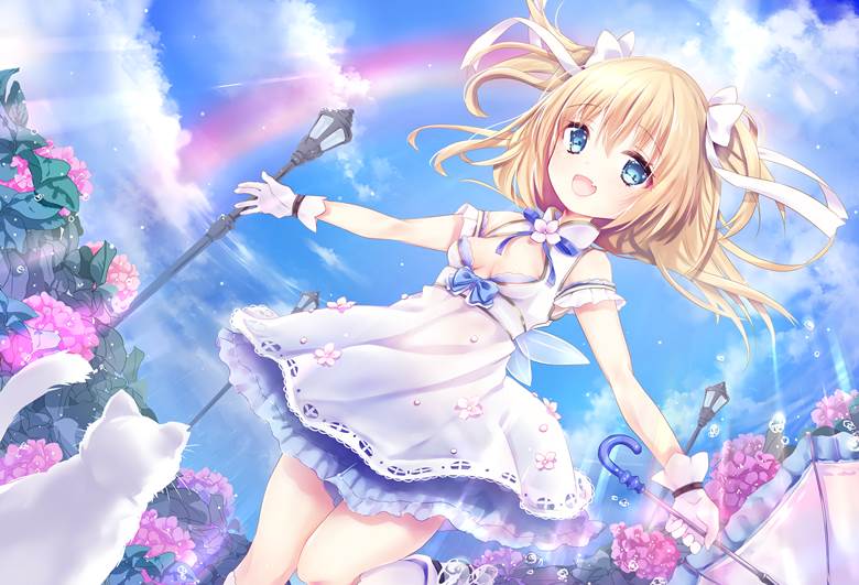 El Emori, 紫阳花, cat, 伞, after the rain, 彩虹, 蓝天