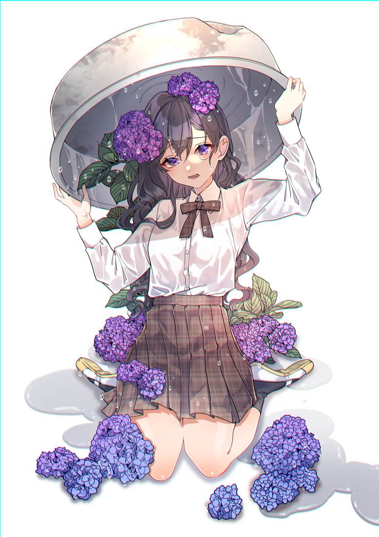 rainy season, 女孩子, uniform, 紫阳花