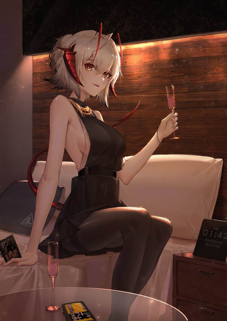 明日方舟, w（明日方舟）, 黑丝袜, 侧乳, 美甲, 明日方舟10000收藏, party dress