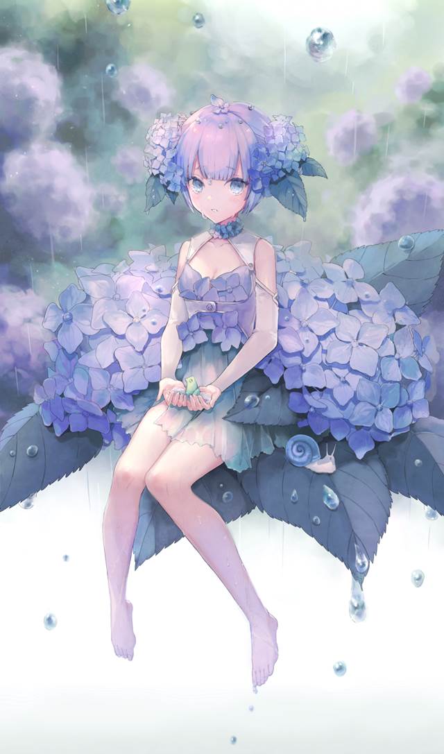 原创, 女孩子, 紫阳花, rain, 赤脚, sheer skirt, 原创3000收藏, flower gijinka, Flower Fairies