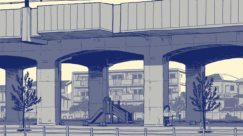 城市高架桥下的街道风景插画图片