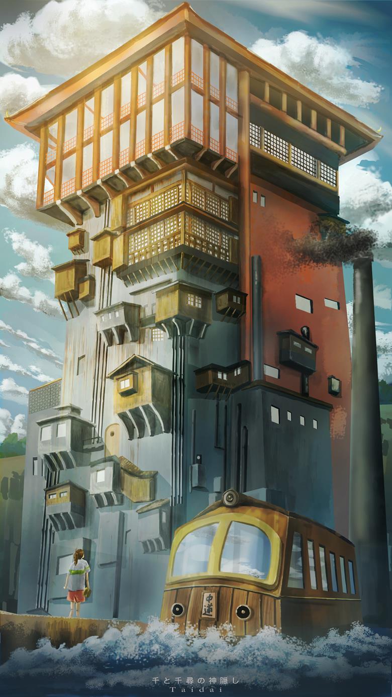background, 千与千寻, 吉卜力, 建筑, 二次创作, miyazaki hayao, landscape painting