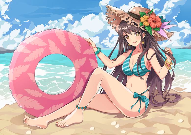 original works, girl, swimsuit, summer, sole, shore, barefoot, pedicure, straw hat