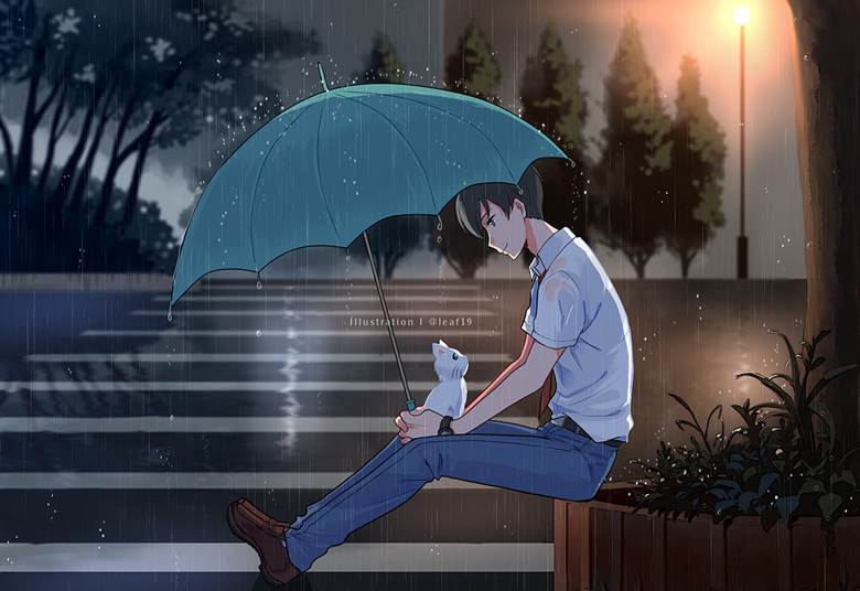 rain, 猫, 伞, 想哭的我戴上了猫的面具, sharing an umbrella