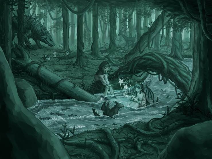 green, Original, girl, dragon, forest, original