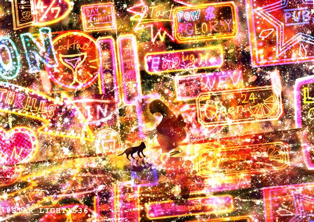 插画, 原创, cat, neon sign, yukata, 女孩子, cat and girl, Original 300+ bookmarks