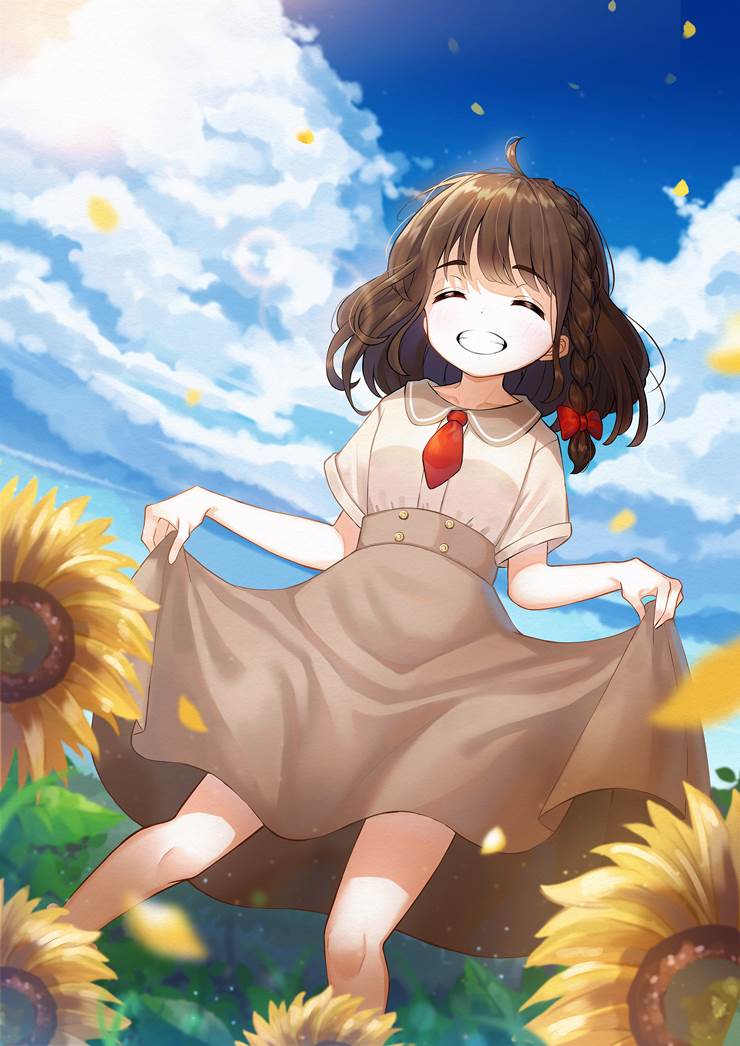 女孩子, 原创, uniform, 夏天, 向日葵, sunflower field, background, 提起裙摆
