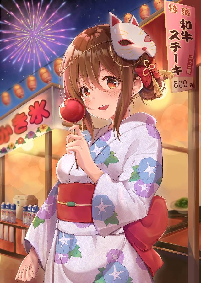 插画, 想哭的我戴上了猫的面具, 女孩子, yukata, summer festival, kimono, 焰火