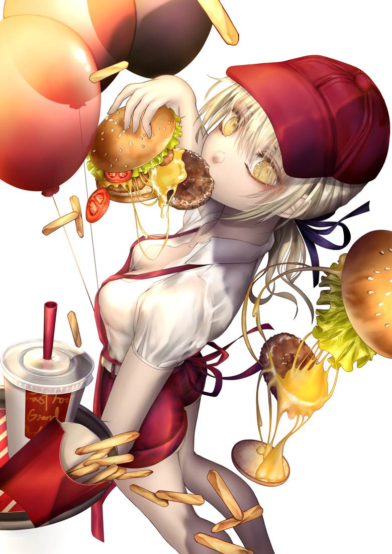 女孩子, Saber〔Alter〕, 魅惑的乳沟, 汉堡包, 食物, uniform, 气球