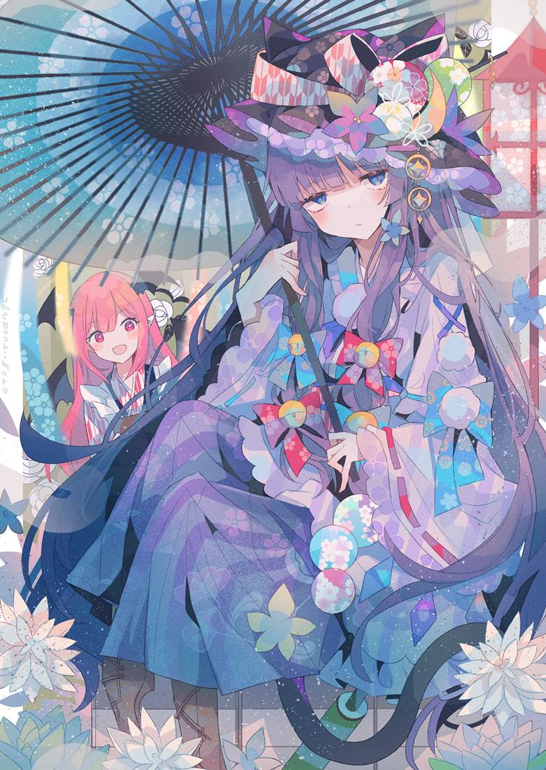 东方, 帕秋莉·诺蕾姬, 小恶魔(东方Project), Japanese umbrella, kimono dress, Touhou Project 5000+ bookmarks